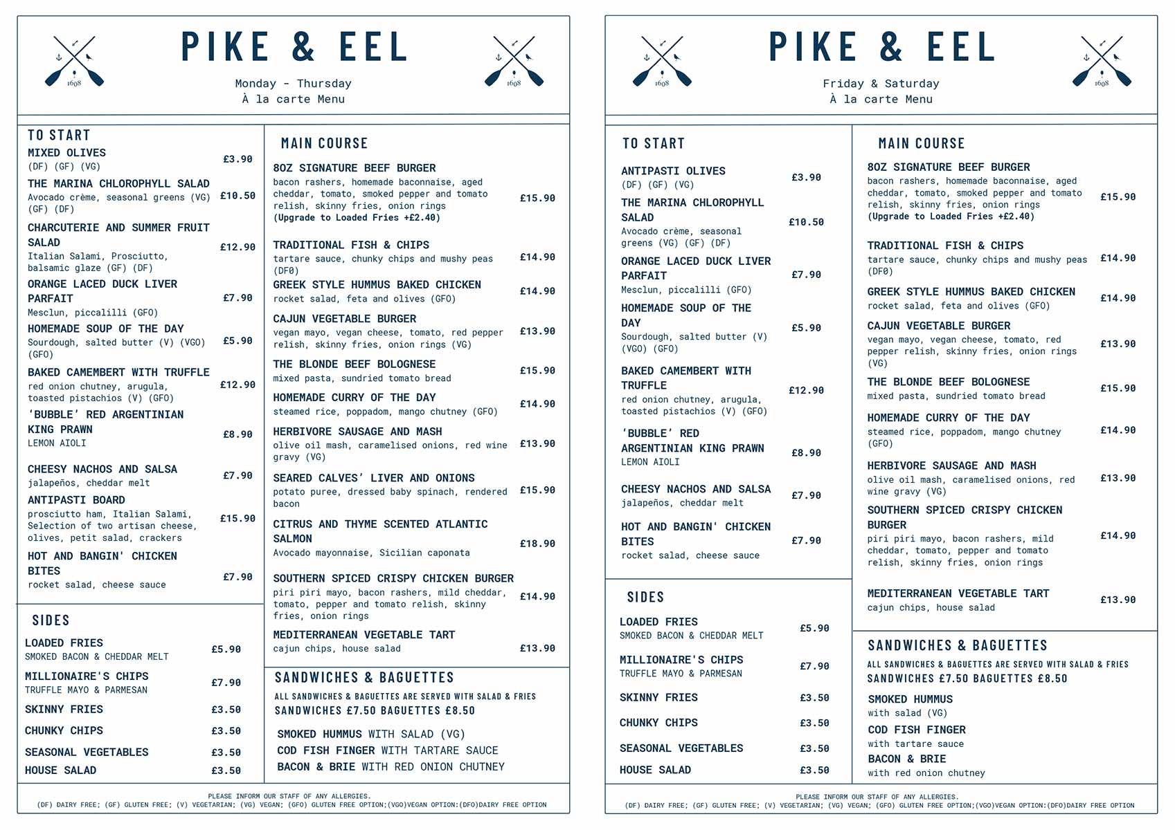 The Pike & Eel - Food Menu - July 2022